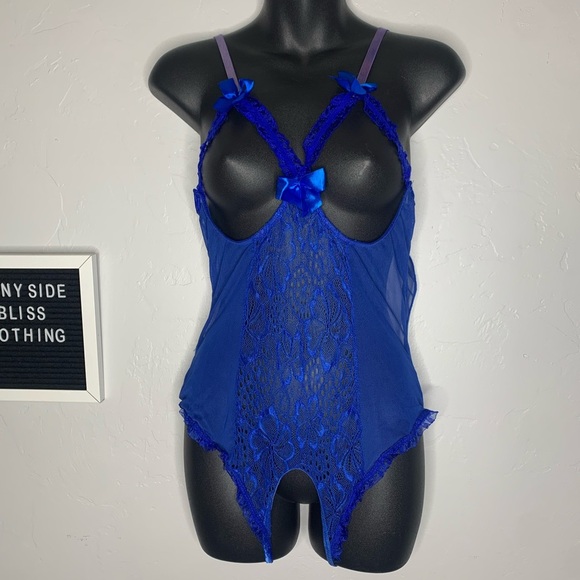 Blue Lace Cut Out Teddy Lingerie w/ Bows Open Back One Size Medium - Picture 2 of 11